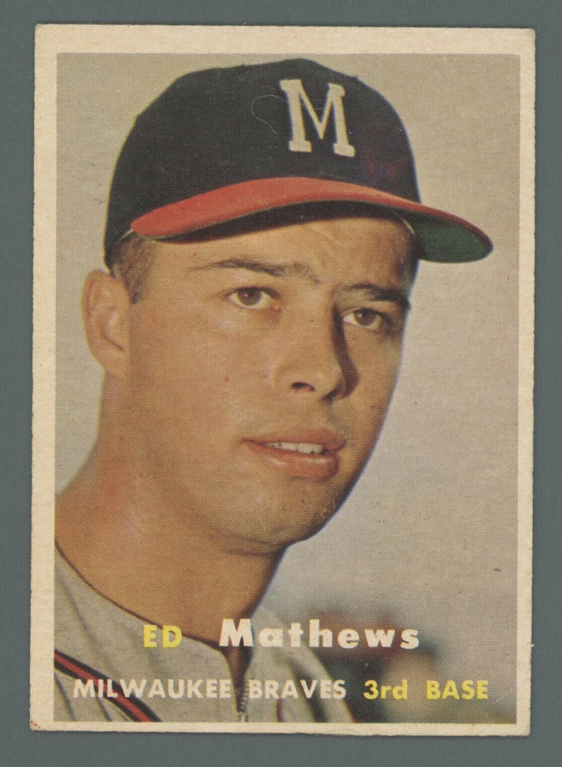 1957 Topps #250 Eddie Mathews Milwaukee Braves Baseball Card EX+ wbr prt mk