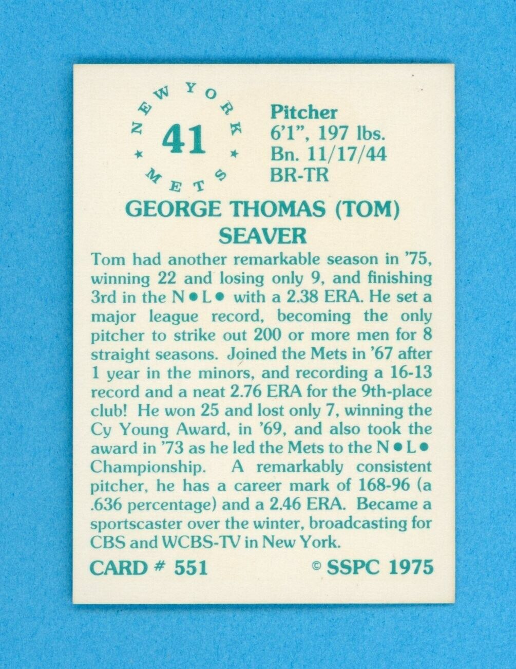 1975 SSPC #551 Tom Seaver New York Mets Baseball Card NM