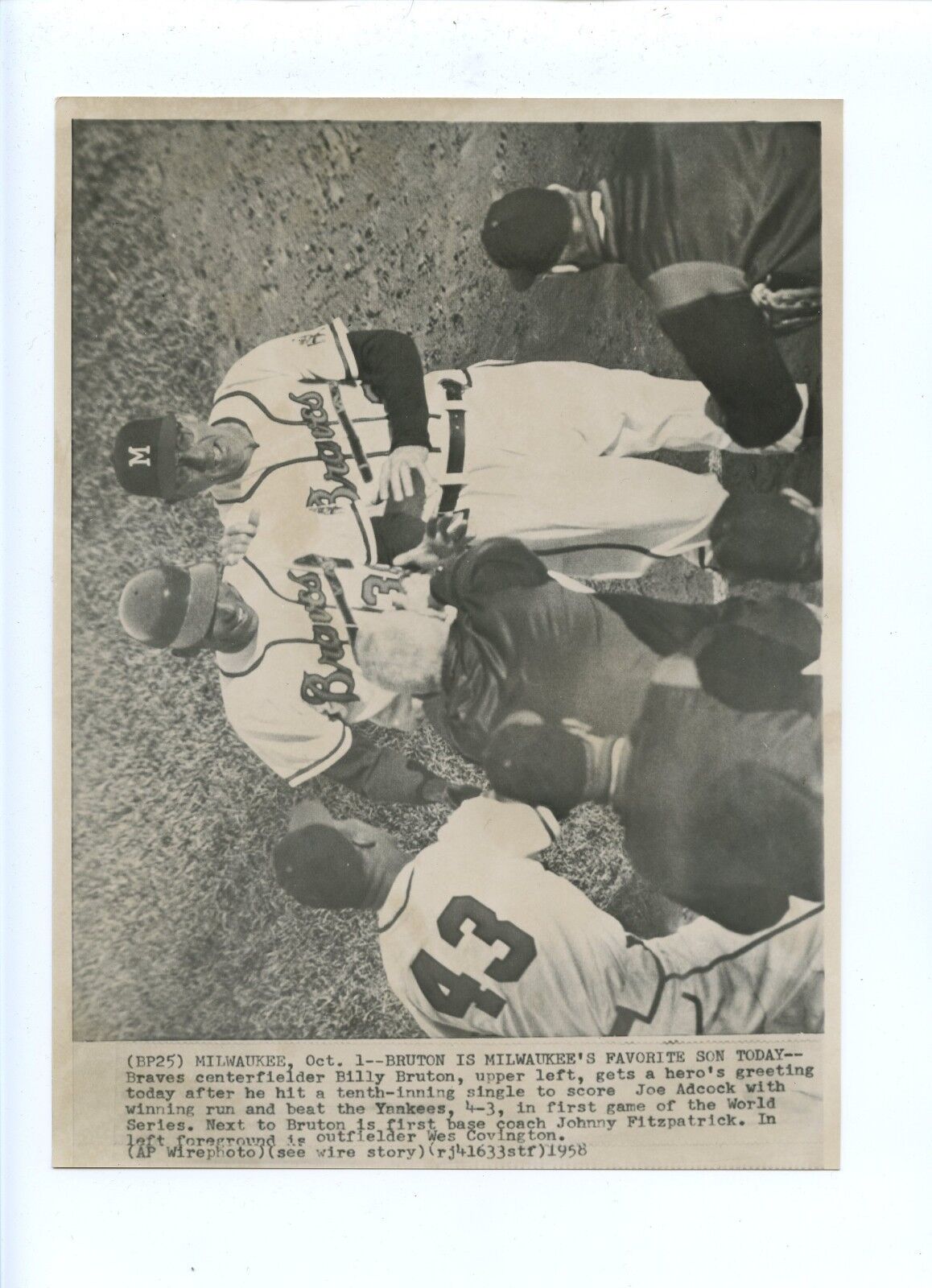 Original October 1 1958 Bill Bruton Braves World Series 7 X 9 1/2 Wire Photo