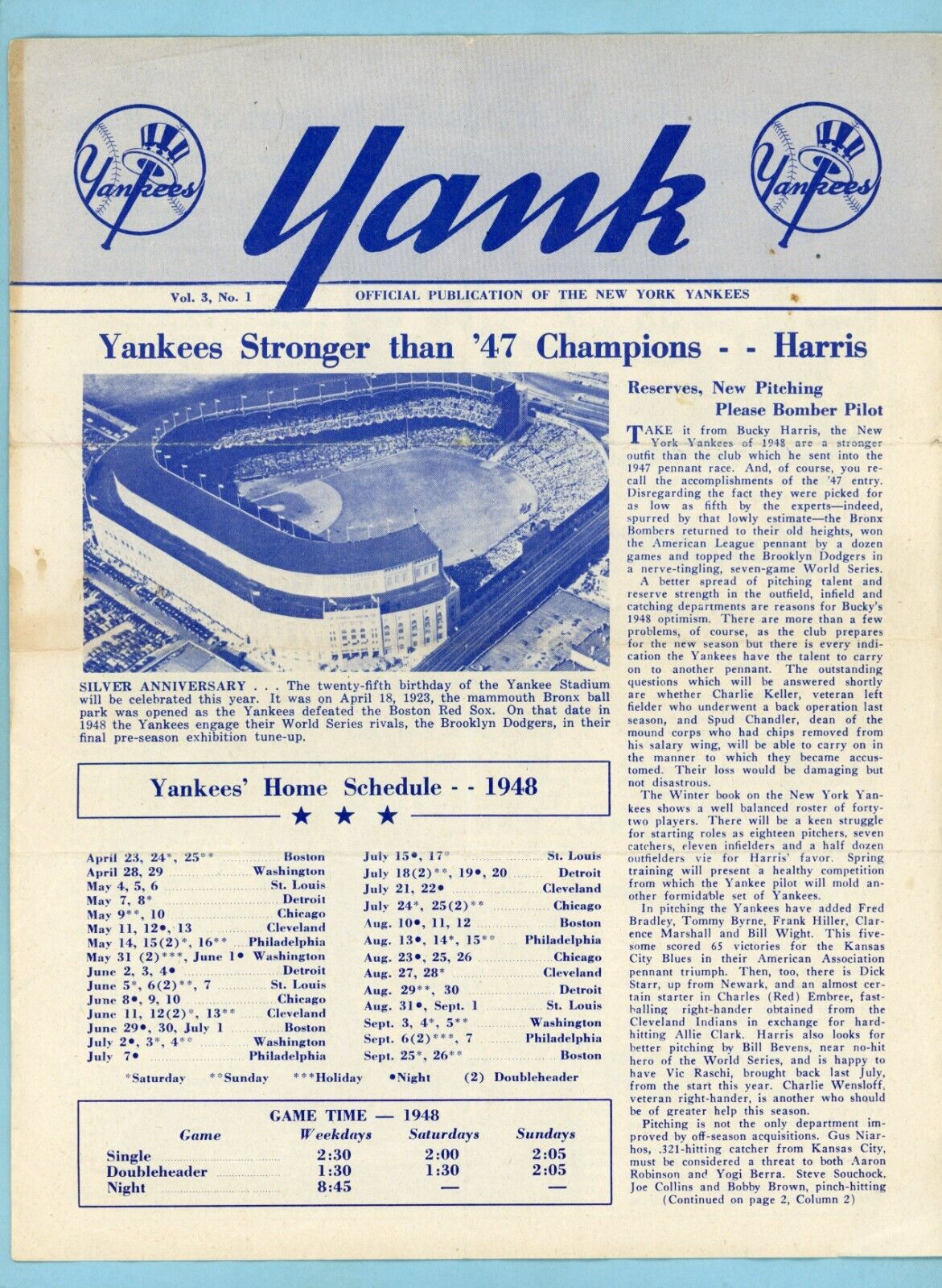 Yank 1948 Official New York Yankees Newsletter Spring Roster with Photos