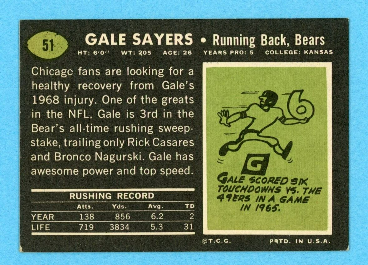 1969 Topps #51 Gale Sayers Chicago Bears Football Card EX - EX+