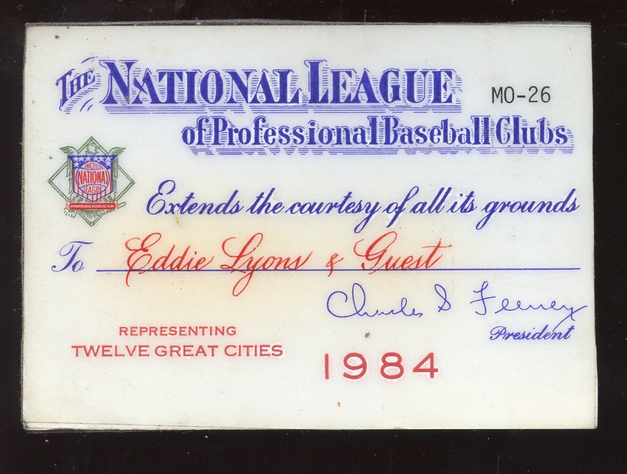 1984 National League Season Baseball Bass to Eddie Lyons & Guest