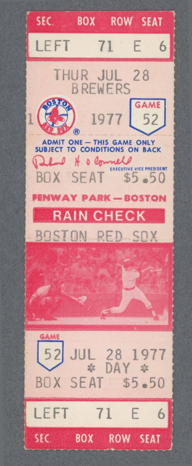 7/28/77 Milwaukee Brewers vs Boston Red Sox at Fenway Park Full Ticket