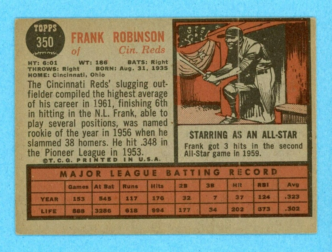 1962 Topps #350 Frank Robinson Cincinnati Reds Baseball Card EX o/c