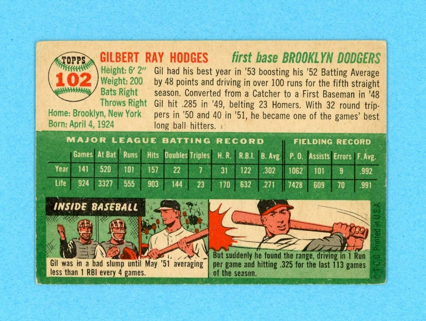 1954 Topps #102 Gil Hodges Brooklyn Dodgers Baseball Card EX app wrks bra