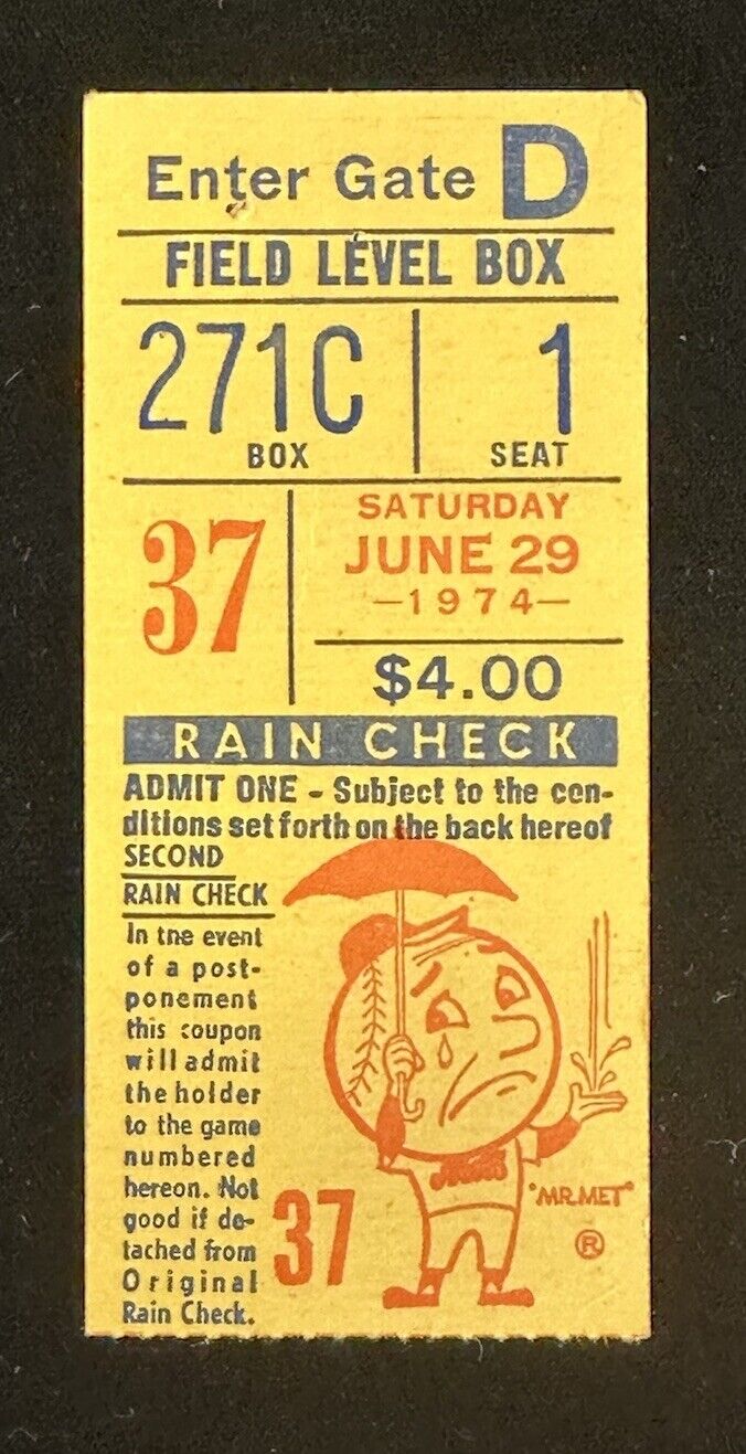 June 29, 1974 New York Mets Ticket Stub vs Cardinals - Jon Matlack 1-Hitter !