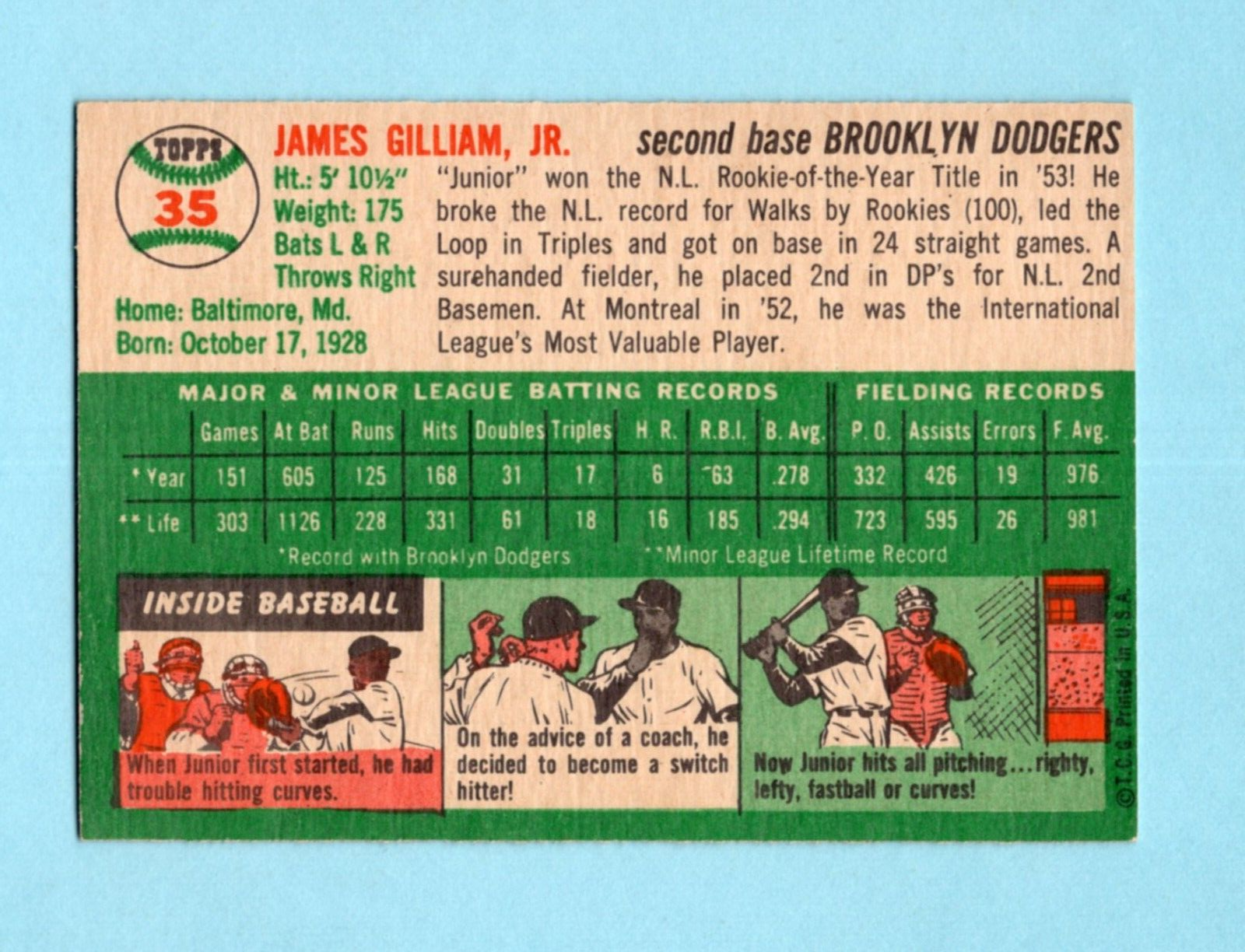 1954 Topps #35 Junior Gilliam Brooklyn Dodgers Baseball Card Ex/Mt - NM o/c