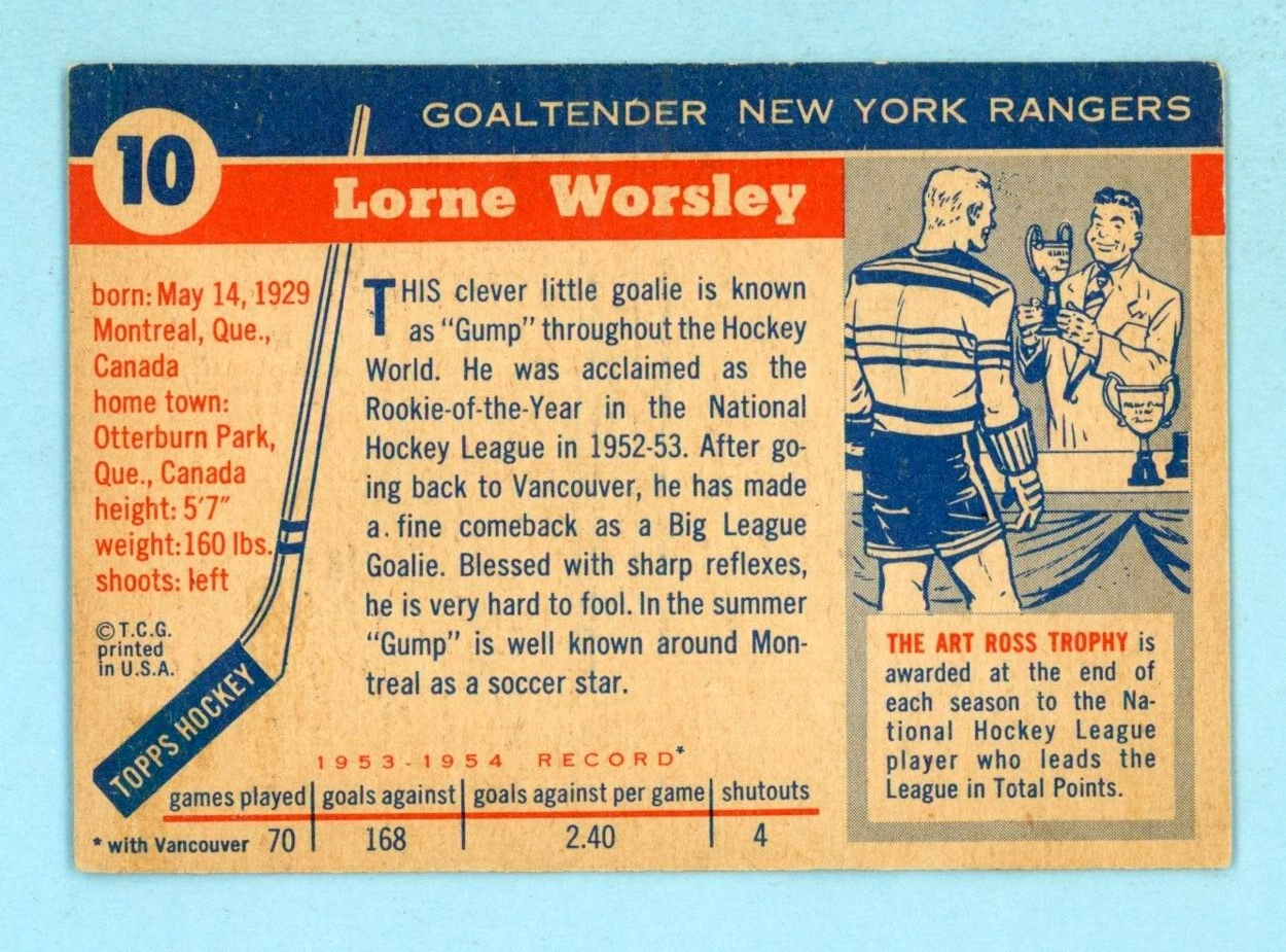 1954-55 Topps #10 Gump Worsley New York Rangers Hockey Card Vg/Ex