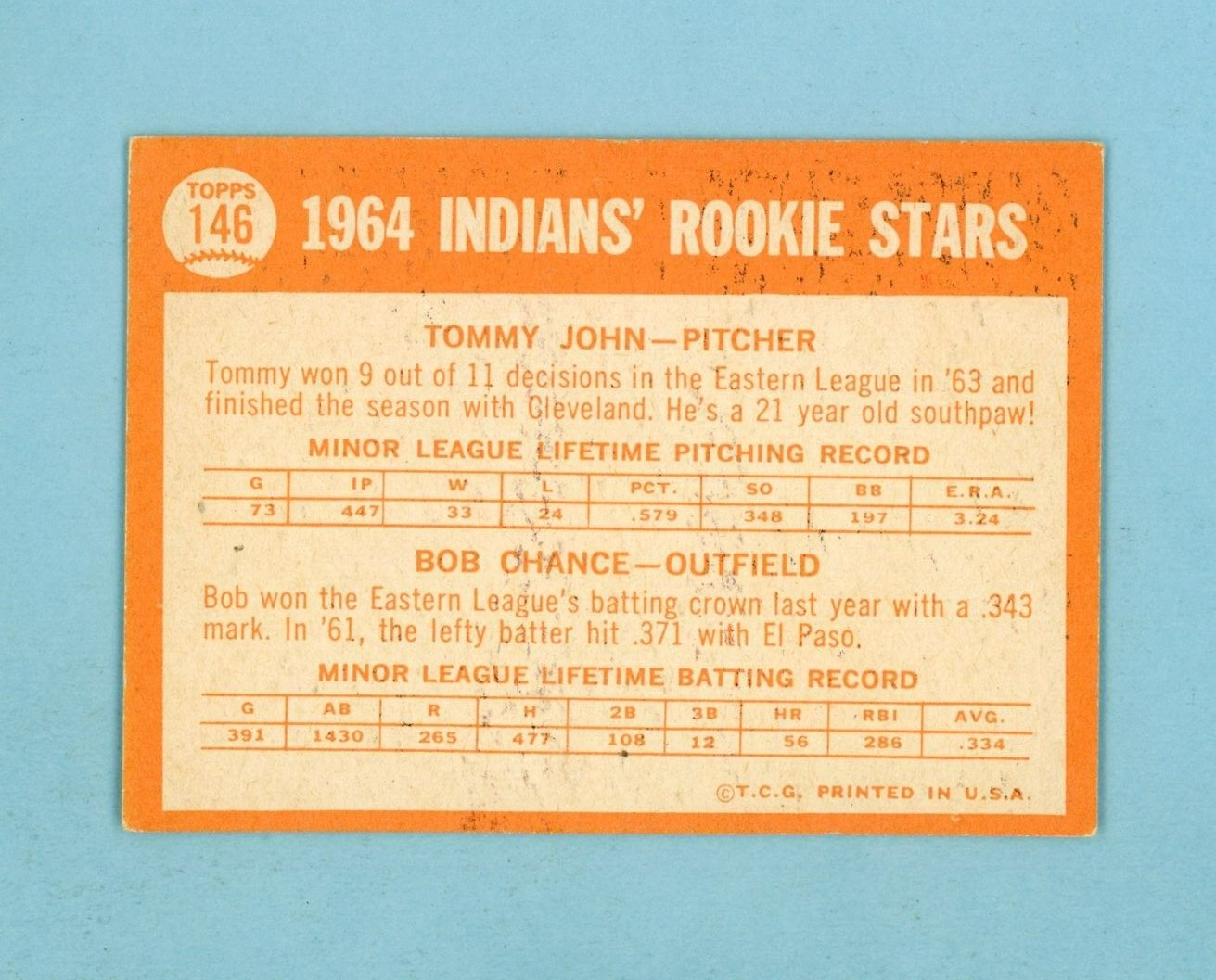 1964 Topps #146 Tommy John Cleveland Indians Rookie Baseball Card EX+ prt isu