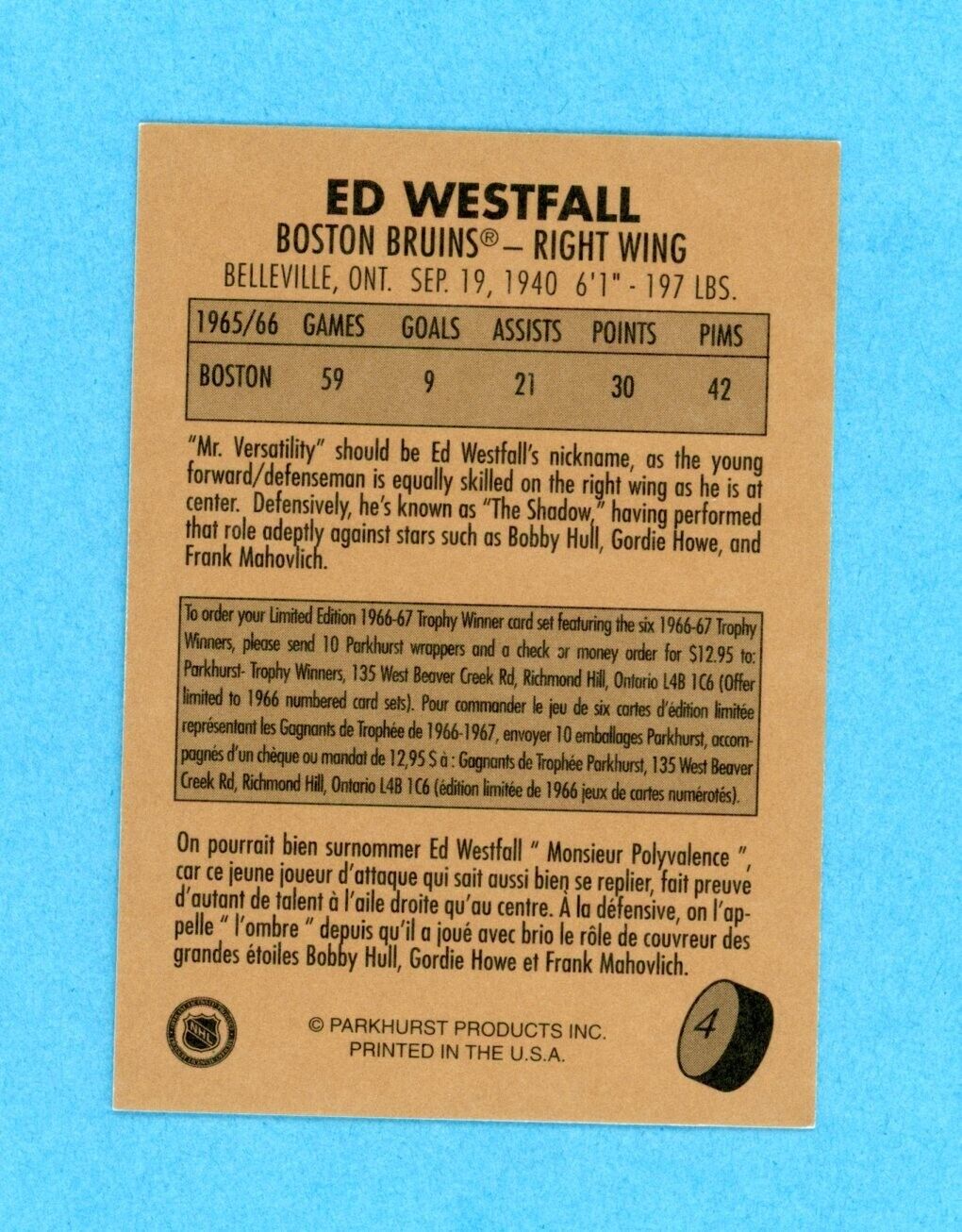 Ed Westfall Boston Bruins 1995-96 Parkhurst 1966-67 #4 Autographed Hockey Card