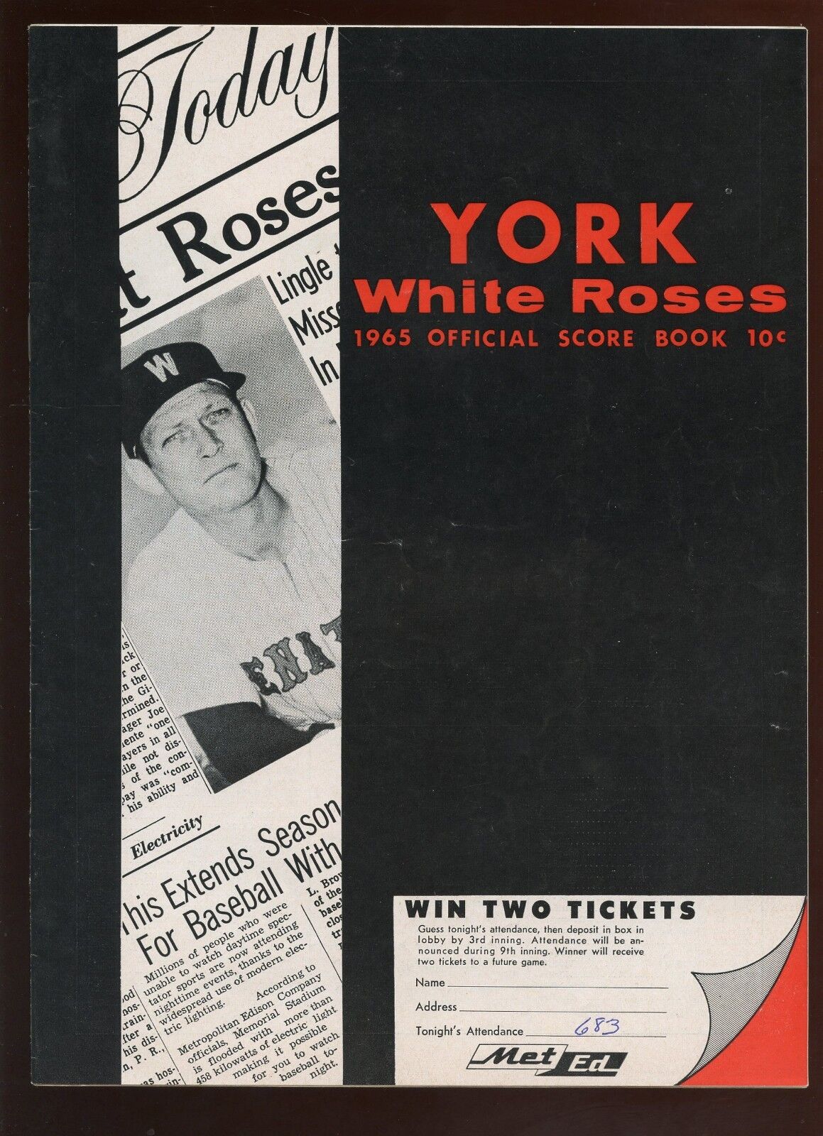 1965 Minor League Baseball Program Elmira Pioneers at York White Roses EX+