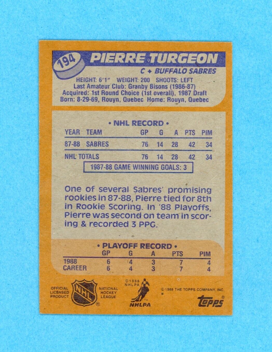 Pierre Turgeon Signed 1988 Topps Card #194 • Auto w B&E Hologram