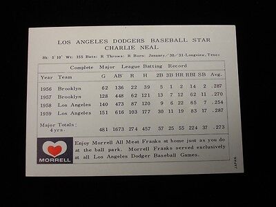 1960 Morrell Meats Los Angeles Dodgers Charlie Neal Card - VG/EX, Surface Wear