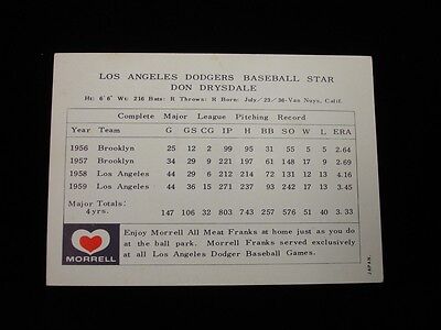 1960 Morrell Meats Los Angeles Dodgers Don Drysdale Card - VG/EX, Surface Wear