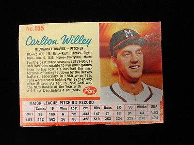 1962 Post #155 Carlton Willey Milwaukee Braves Card - EX+