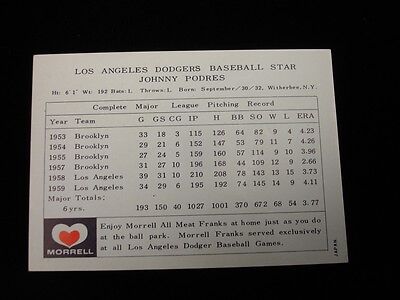 1960 Morrell Meats Los Angeles Dodgers Johnny Podres Card - EX, Surface Wear