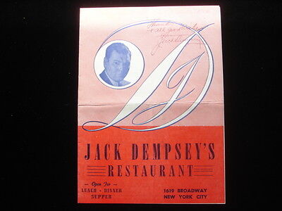 Jack Dempsey Autographed 1956 Restaurant Menu B&E Hologram