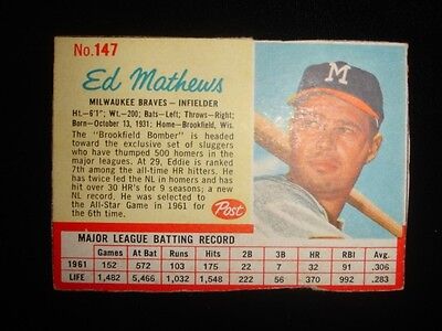 1962 Post Ed Mathews Milwaukee Braves #147 Card VG-EX