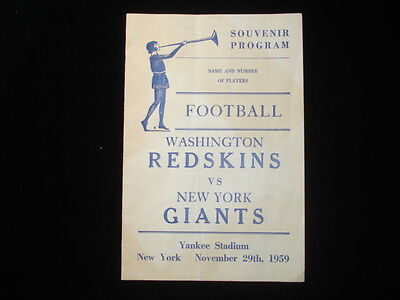 November 29th, 1959 Washington Redskins vs. New York Giants Program VG-EX