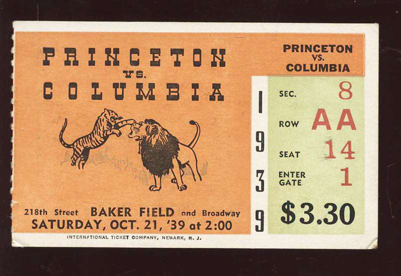 1939 NCAA Football Ticket Stub Princeton @ Columbia EX