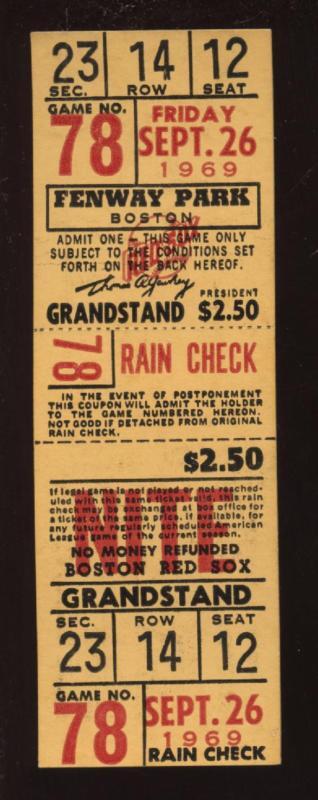 September 26th 1969 Boston Red Sox Full Ticket NRMT