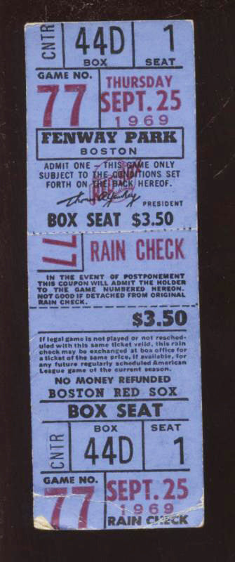 September 25th 1969 Boston Red Sox Full Ticket