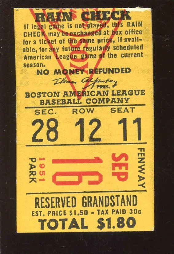 September 16 1951 Boston Red Sox Baseball Ticket Stub EXMT