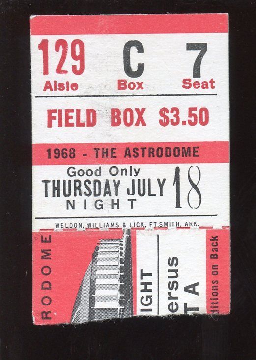 July 18 1968 Ticket Stub Atlanta Braves at Houston Astros EX+