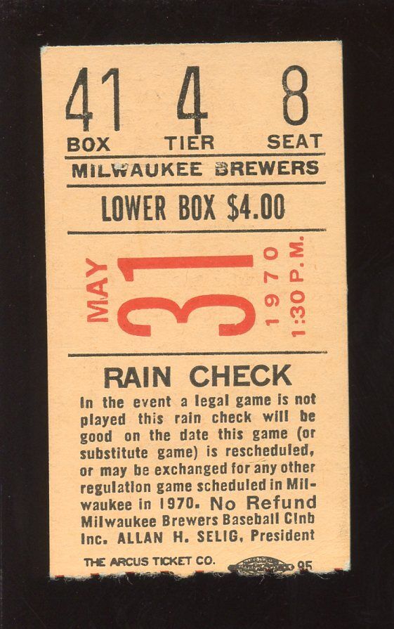 May 31 1970 Ticket Stub Detroit Tigers at 1st Season Milwaukee Brewers