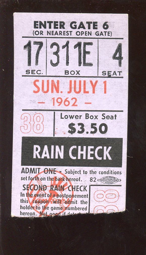 July 1 1962 Ticket Stub at New York Yankees EX-MT