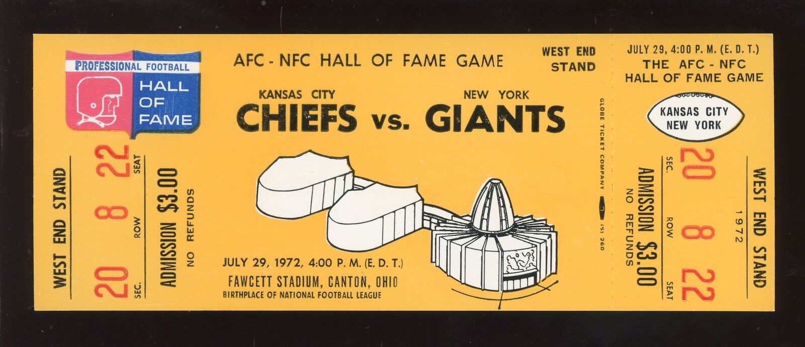 July 29 1972 NFL Hall of Fame Game Full Ticket KC Chiefs vs New York Giants EXMT