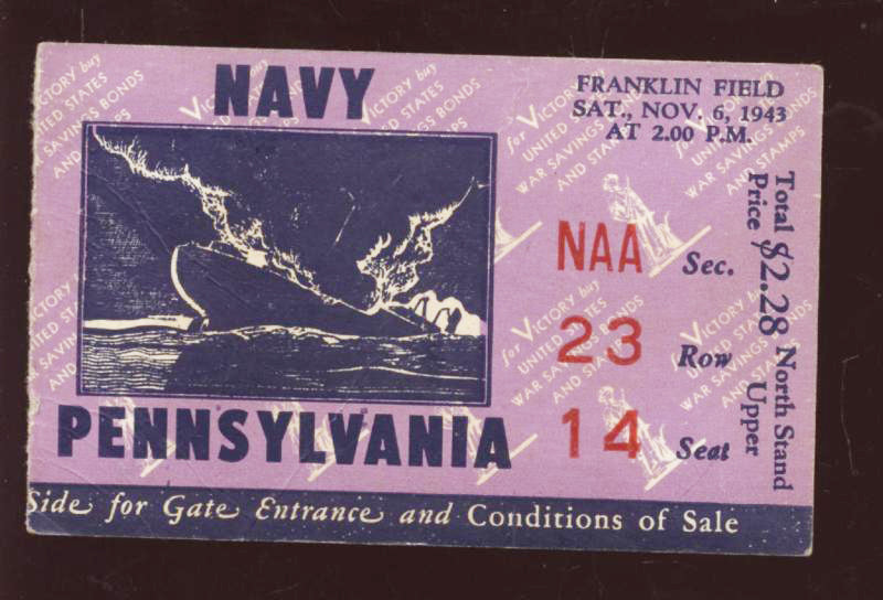 1943 NCAA Football Ticket Stub Navy vs. Pennsylvania