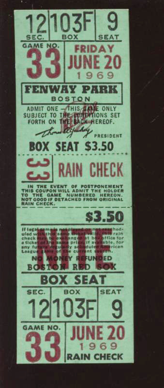 6-21 1969 Boston Red Sox Fenway Park Full Ticket NR/MT