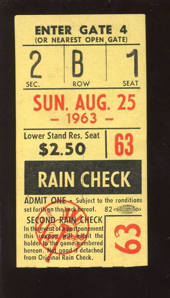 August 25 1963 Ticket Stub at New York Yankes EXMT