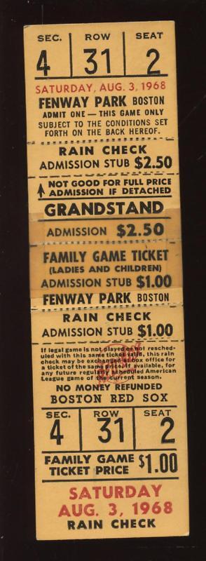 August 3rd 1968 Boston Red Sox Fenway Park Full Ticket