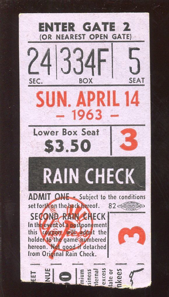 April 14 1963 Ticket Stub at New York Yankees EX/MT