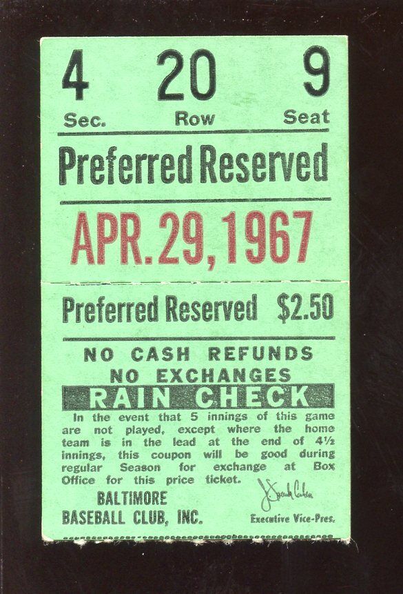 April 29 1967 Ticket Stub  Detroit Tigers at Baltimore Orioles NRMT