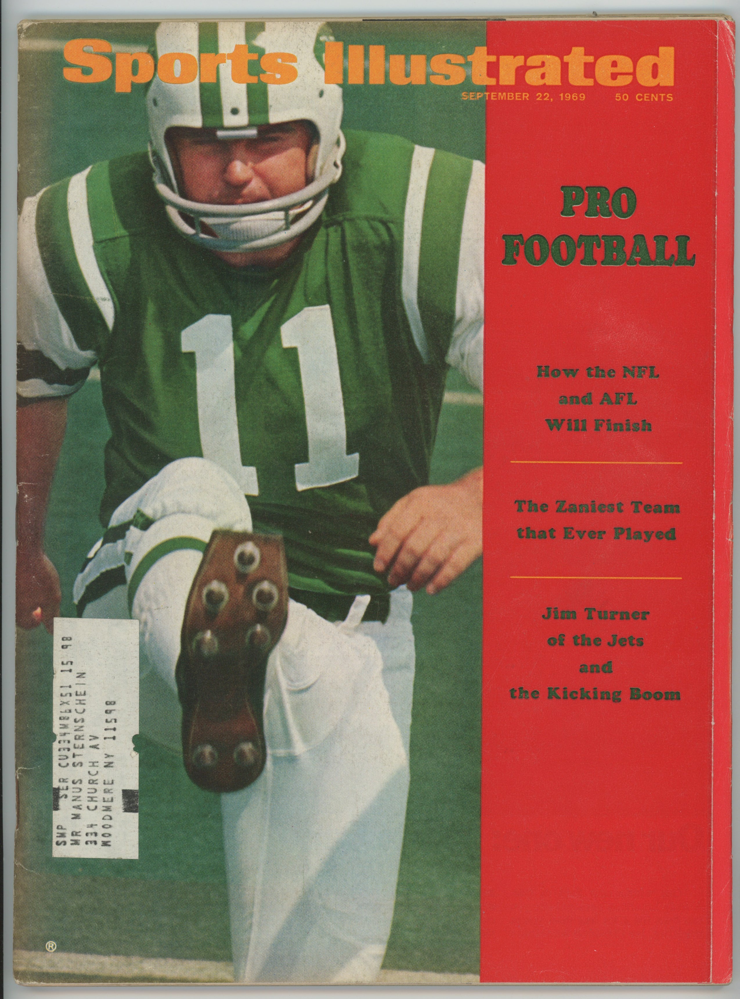 Jim Turner NY Jets “Pro Football Issue” 9/22/69 EX ML