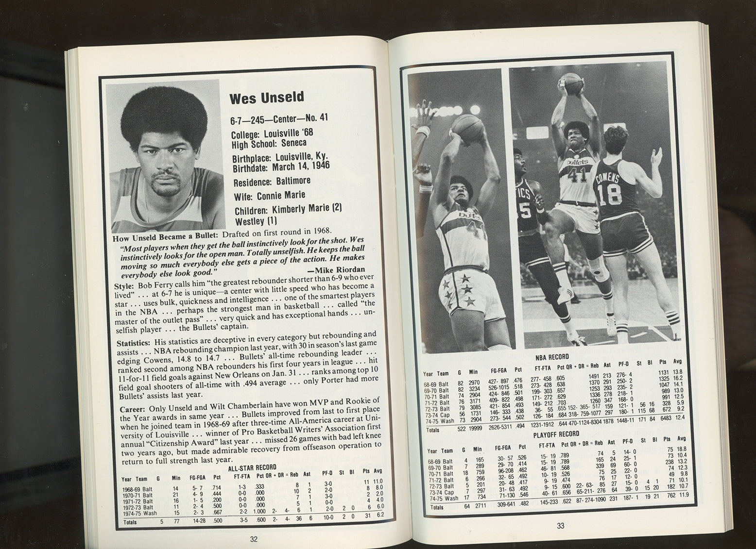 1975-76 Washington Bullets Basketball Media Guide • Wes Unseld Cover