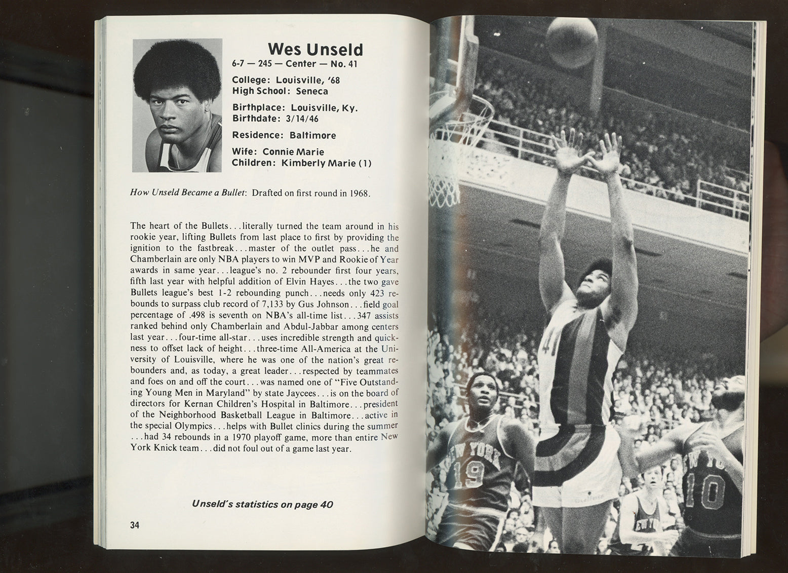 1973-74 Capital Bullets NBA Basketball Media Guide • Wes Unseld on the Cover