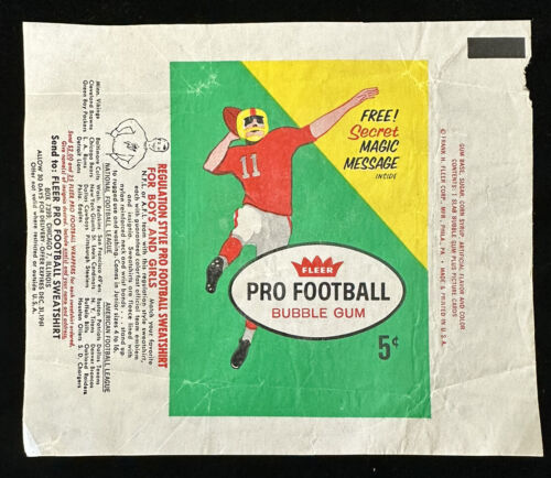 1961 Fleer Football Card 5-cent Wax Pack Wrapper w/ Pro Football Sweatshirt Ad