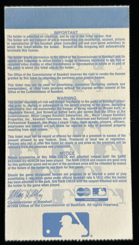 1998 NY Yankees World Series ORIGINAL Ticket Stub vs SD Padres - Tino Grand Slam