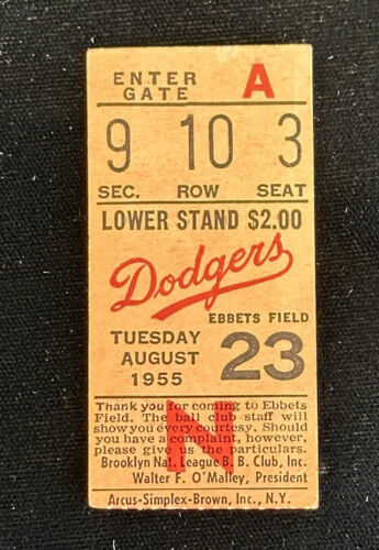 August 23, 1955 Brooklyn Dodgers vs Cubs DATED Ticket Stub w/ Jackie Robinson