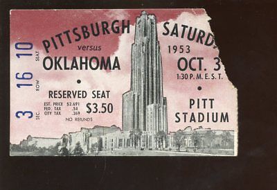 October 3 1953 NCAA Football Ticket Stub Oklahoma at Pittsburgh