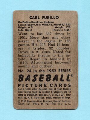 1952 Bowman #24 Carl Furillo Brooklyn Dodgers Baseball Card Low Grade