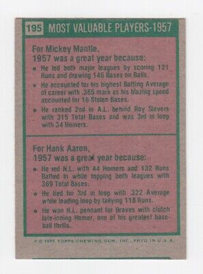 1975 Topps Mini #195 1957 MVP Mickey Mantle & Hank Aaron Baseball Card EX o/c