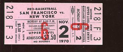 Nov 2 1970 NBA Basketball Full Ticket San Francisco vs New York Knicks EXMT+