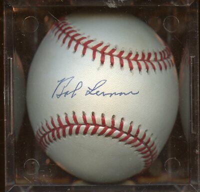 Bob Lemon Single Signed OAL Brown Baseball PSA Sticker