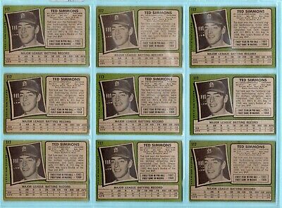 1971 Topps #117 Lot of 9 Ted Simmons Cardinals Rookie Baseball Cards LG - Ex/Mt