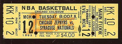 March 12 1963 NBA Basketball Ticket Stub Chicago Zephyrs vs Syracuse Nats EX+